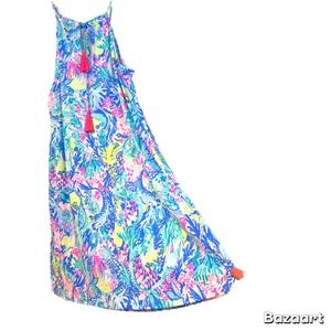 Lilly Pulitzer Margot Swing Dress Mermaids Cove Print Pink Tassel Medium Blue M